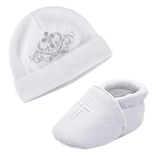 LACOFIA Neugeborene Taufe Schuhe Baby Mädchen Weiche Sohle rutschfest Hausschuhe und Bestickter Weiß Beanie Hut Set Pack 2 0-3 Monate von LACOFIA