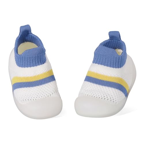 LACOFIA Sockenschuhe für Baby Jungen Mädchen Erste Lauflernschuhe Weiche Sohle mit Griffen Kleinkind Hausschuhe Socken mit Rutschfest Gummisohle Blau 9-12 Monate von LACOFIA