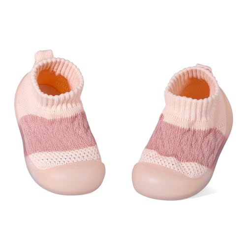 LACOFIA Sockenschuhe für Baby Jungen Mädchen Erste Lauflernschuhe Weiche Sohle mit Griffen Kleinkind Hausschuhe Socken mit Rutschfest Gummisohle Dunkelrosa 6-9 Monate von LACOFIA