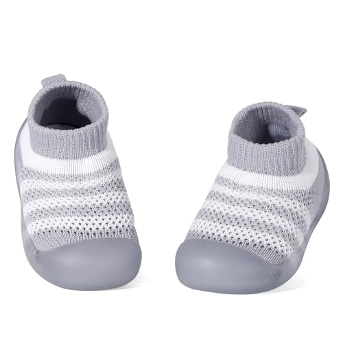 LACOFIA Sockenschuhe für Baby Jungen Mädchen Erste Lauflernschuhe Weiche Sohle mit Griffen Kleinkind Hausschuhe Socken mit Rutschfest Gummisohle Hellgrau 18-24 Monate von LACOFIA
