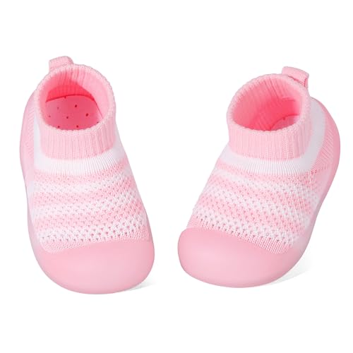 LACOFIA Sockenschuhe für Baby Jungen Mädchen Erste Lauflernschuhe Weiche Sohle mit Griffen Kleinkind Hausschuhe Socken mit Rutschfest Gummisohle Hellrosa 12-18 Monate von LACOFIA