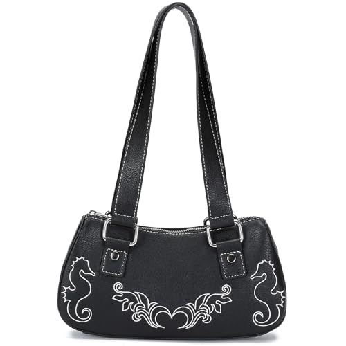 LACOMILA Y2K Kleine Schultertasche für Damen, Gothic-Punk-Tasche mit Seepferdchen-Stickerei, Schwarz, Small, Kleine Y2k Gothic Geldbörse für Damen LACOMILA Y2K Kleine Schultertasche für Damen, Gothic-Punk-Tasche mit Seepferdchen-Stickerei, Schwarz, Small, Kleine Y2k Gothic Geldbörse für Damen von LACOMILA