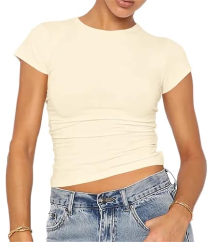 LACOZY Damen Basic Crop Tops Einfarbig Kurzarm Rundhalsausschnitt Shirt Y2K Slim Fit T-Shirt Streetwear, 08 Aprikose, M von LACOZY