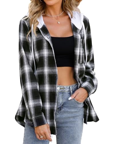 LACOZY Damen Flanell Kariert Shirts Hoodies Langarm Oversized Buffalo Plaid Sweatshirt Knopfleiste Jacke Pullover, Schwarz , L von LACOZY