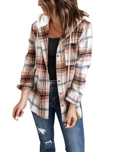 LACOZY Damen Flanell Kariert Shirts Hoodies Langarm Oversized Buffalo Plaid Sweatshirt Knopfleiste Jacke Pullover, braun, S von LACOZY