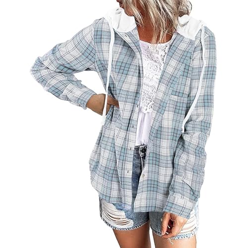 LACOZY Damen Flanell Kariert Shirts Hoodies Langarm Oversized Buffalo Plaid Sweatshirt Knopfleiste Jacke Pullover, hellblau, M von LACOZY