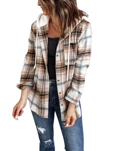 LACOZY Damen Flanell Kariert Shirts Hoodies Langarm Oversized Buffalo Plaid Sweatshirt Knopfleiste Jacke Pullover, khaki, S von LACOZY