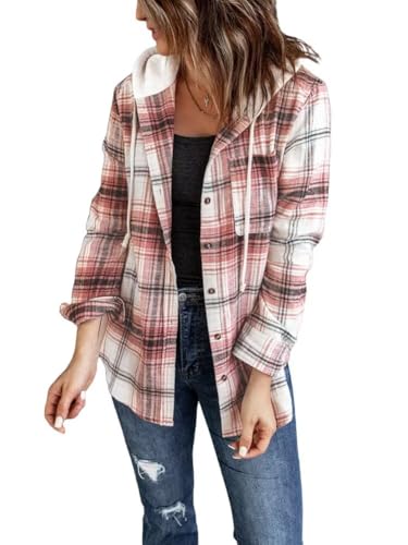LACOZY Damen Flanell Kariert Shirts Hoodies Langarm Oversized Buffalo Plaid Sweatshirt Knopfleiste Jacke Pullover, rose, XXL von LACOZY
