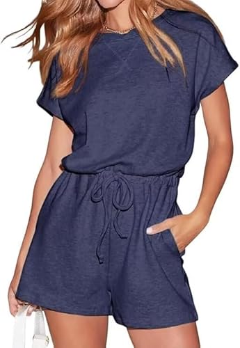 LACOZY Sommer-Jumpsuit für Damen, kurzärmelig, Rundhalsausschnitt, einteiliger Strampler mit Kordelzug, Jumpsuits, T-Shirt, Urlaubs-Outfits 2025, marineblau, M LACOZY Sommer-Jumpsuit für Damen, kurzärmelig, Rundhalsausschnitt, einteiliger Strampler mit Kordelzug, Jumpsuits, T-Shirt, Urlaubs-Outfits 2025, marineblau, M von LACOZY