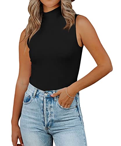 Lacozy Damen Mock Turtleneck Top Basic Ärmellos Slim Fit Shirt Tunika Tank Tops, Schwarz, Mittel von LACOZY