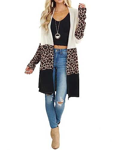 Lacozy Damen Offene Front Lange Strickjacke Drapiert Snap Büffel Plaid Shirt Kimono Cardigan Strickpullover, V Leopardenmuster, X-Groß von LACOZY