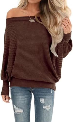 Lacozy Damen Schulterfrei Oberteile Waffelstrick Oversized Sweatshirt Langarm Tunika Shirts Pullover Sweater, Dunkelbraun, Small von LACOZY