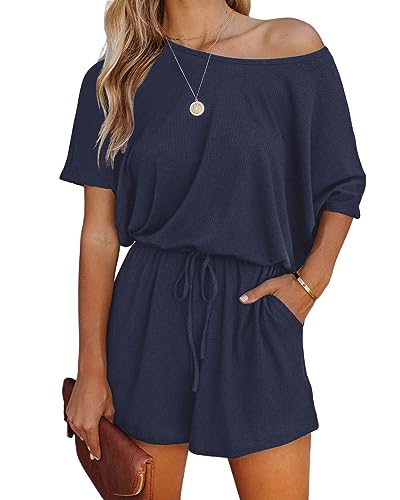 Lacozy Damen Sommer Kurzarm Schulterfrei Strampler Casual Shorts Einteiler Overall Jumpsuits 2024 Marineblau M, Einteiliger dunkelblauer Jumpsuit, Medium von LACOZY