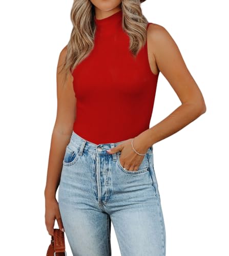 Lacozy Tanktops für Damen Mock Rollkragen Top 2025 Sommer Basic Ärmellos Stretch Ripp Slim Fit Shirt, Rot/Ausflug, einfarbig (Getaway Solids), Groß von LACOZY