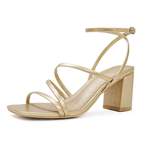 LACUONE Damen Mid Heels Square Toe Chunky Block Heeled Strappy Ankle Buckle Pump Sandalen, A-Gold, 39 EU von LACUONE