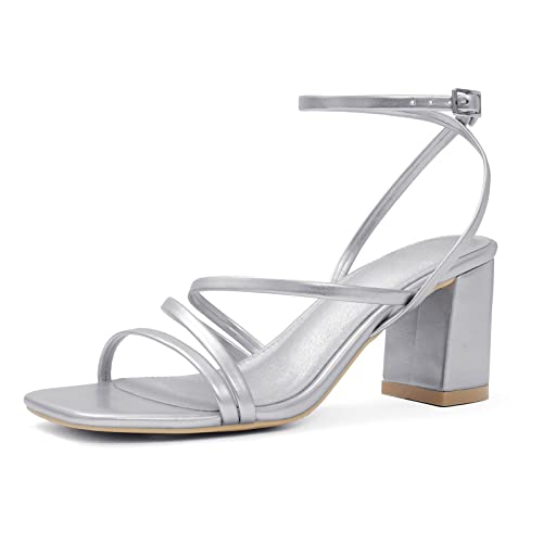 LACUONE Damen Mid Heels Square Toe Chunky Block Heeled Strappy Ankle Buckle Pump Sandalen, A-Silber, 40.5 EU von LACUONE