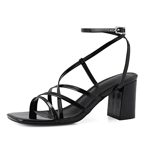 LACUONE Riemchen-Absätze für Damen, Blockabsatz, quadratische Zehenpartie, klobige Knöchelschnalle, Pump-Absatz-Sandalen, B-schwarz, 40.5 EU von LACUONE