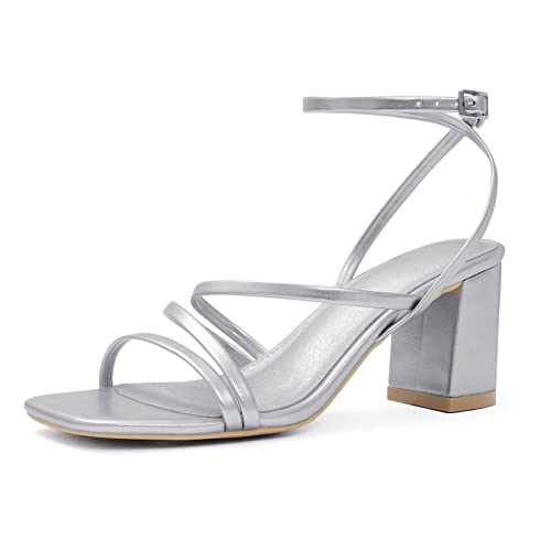 LACUONE Riemchensandalen für Damen, Blockabsatz, quadratische Zehenpartie, klobige Knöchelschnalle, Pump-Absatz, Sandalen, silber, 38.5 EU LACUONE Riemchensandalen für Damen, Blockabsatz, quadratische Zehenpartie, klobige Knöchelschnalle, Pump-Absatz, Sandalen, silber, 38.5 EU von LACUONE