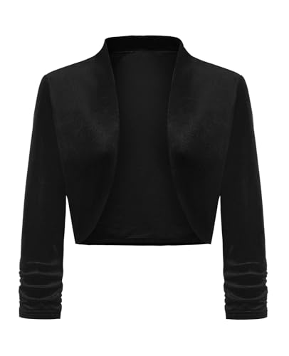 LADI TREND Damen Bolero Shrug Open Front Bolero Cardigan Samt Shrugs Cropped Cardigans Ruched 3/4 Sleeve Cover Up, B-schwarz, XXL von LADI TREND