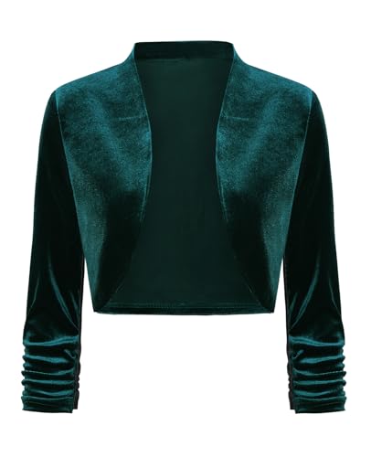 LADI TREND Damen Bolero Shrug Open Front Bolero Cardigan Samt Shrugs Cropped Cardigans Ruched 3/4 Sleeve Cover Up, Gn-dunkelgrün, M von LADI TREND
