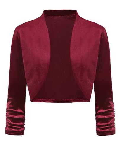 LADI TREND Damen Bolero Shrug Open Front Bolero Cardigan Samt Shrugs Cropped Cardigans Ruched 3/4 Sleeve Cover Up, R-Weinrot, L von LADI TREND