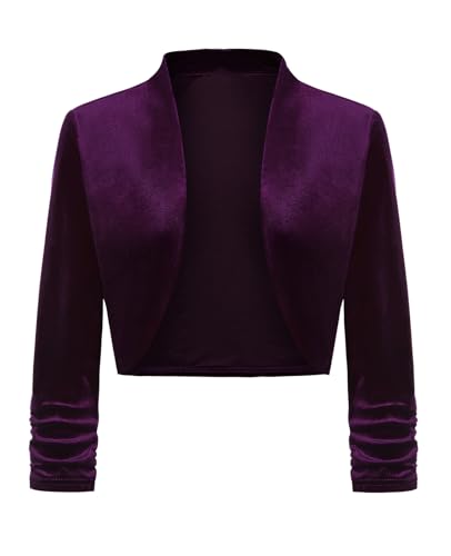 LADI TREND Damen Bolero Shrug Open Front Bolero Cardigan Samt Shrugs Cropped Cardigans Ruched 3/4 Sleeve Cover Up, Vt-lila, L von LADI TREND