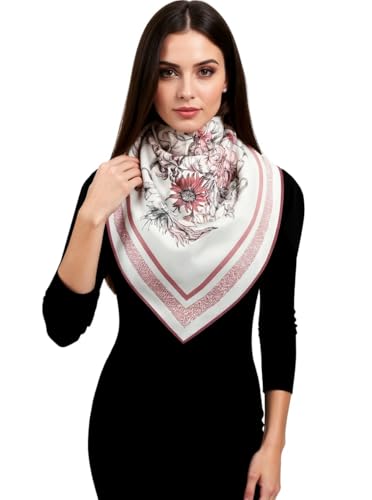 LADORENA Seidentuch Damen Natürliche Maulbeerseide 100% SEIDE Qualität HQ Seidenschal Halstuch 90x90 Weiß Rosa LD93201 von LADORENA