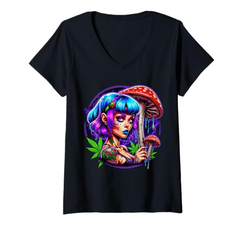 Damen Damen mit Pilzen Design Blaues Haar Cartoon Damen Rot T-Shirt mit V-Ausschnitt von LADY WITH MUSHROOM DESIGN. BLUE HAIR WOMAN CARTOON