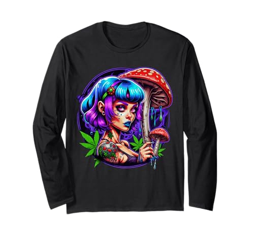 Damen mit Pilzen Design Blaues Haar Cartoon Damen Rot Langarmshirt von LADY WITH MUSHROOM DESIGN. BLUE HAIR WOMAN CARTOON