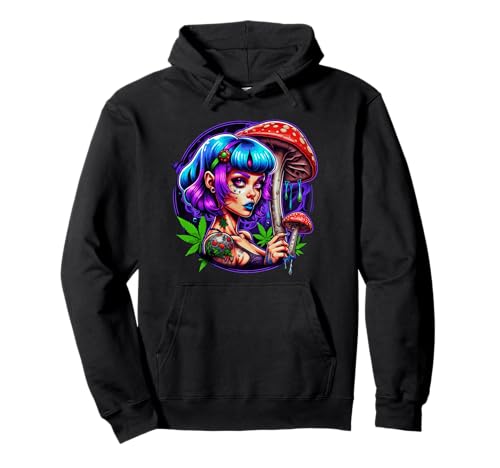 Damen mit Pilzen Design Blaues Haar Cartoon Damen Rot Pullover Hoodie von LADY WITH MUSHROOM DESIGN. BLUE HAIR WOMAN CARTOON