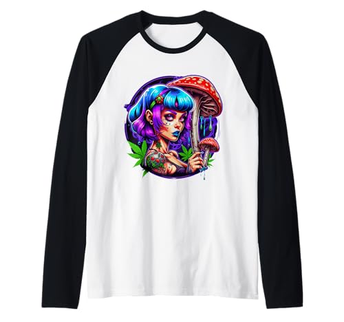 Damen mit Pilzen Design Blaues Haar Cartoon Damen Rot Raglan von LADY WITH MUSHROOM DESIGN. BLUE HAIR WOMAN CARTOON