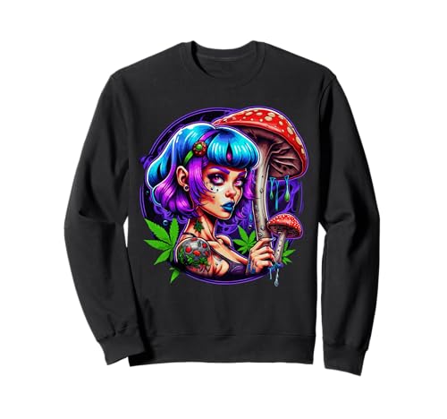 Damen mit Pilzen Design Blaues Haar Cartoon Damen Rot Sweatshirt von LADY WITH MUSHROOM DESIGN. BLUE HAIR WOMAN CARTOON