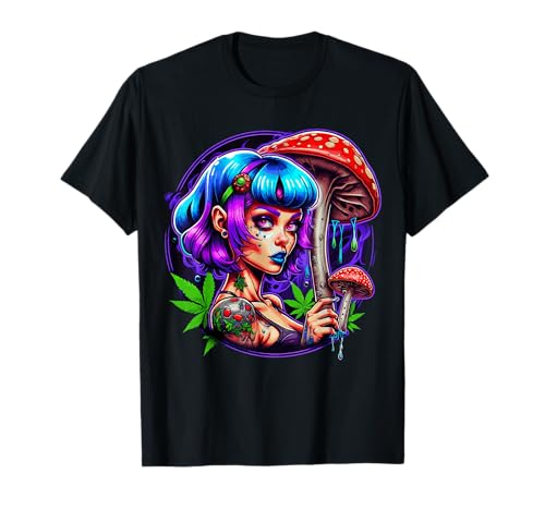Damen mit Pilzen Design Blaues Haar Cartoon Damen Rot T-Shirt von LADY WITH MUSHROOM DESIGN. BLUE HAIR WOMAN CARTOON