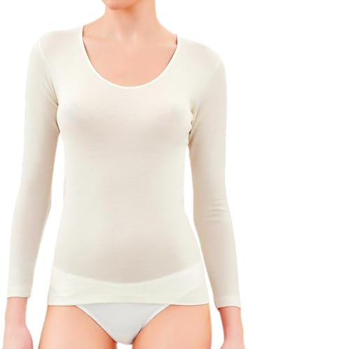 LADY·C Langärmliges Damen-Unterhemd aus extrafeiner Wolle und Seide – Eleganz und Komfort, hergestellt in Italien, Wollweiß., Small von LADY·C
