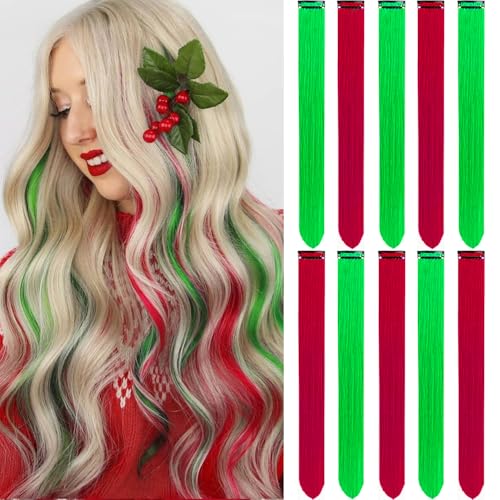 LADYAMZ Haarverlängerungen, Weihnachtsfarben, 10 Stück, bunt, Party-Highlights, Clip in Kunsthaaren, rot und grün, Zubehör für Mädchen, Frauen, Weihnachtsfeier LADYAMZ Haarverlängerungen, Weihnachtsfarben, 10 Stück, bunt, Party-Highlights, Clip in Kunsthaaren, rot und grün, Zubehör für Mädchen, Frauen, Weihnachtsfeier von LADYAMZ