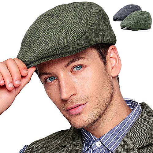 2er-Pack verstellbare Newsboy Hüte für Herren flache Kappe Irish Cabbie Gatsby Tweed Ivy, 003 Dünnes Futter Schwarz + Grün, 2 Stück, 6 7/8-7 1/4 von LADYBRO