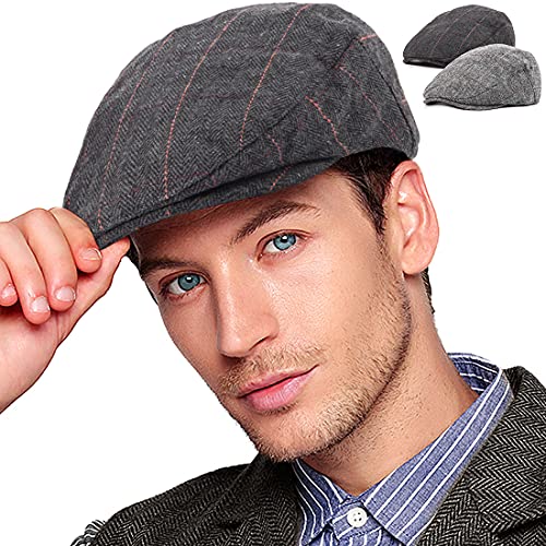 2er-Pack verstellbare Newsboy Hüte für Herren flache Kappe Irish Cabbie Gatsby Tweed Ivy, 01 Plaid Schwarz + Grau, 2 Stück, 6 7/8-7 1/4 von LADYBRO