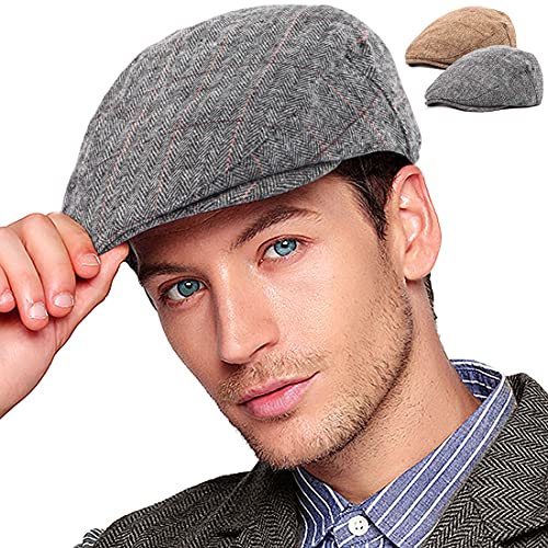 2er-Pack verstellbare Newsboy Hüte für Herren flache Kappe Irish Cabbie Gatsby Tweed Ivy, Kariert, Braun und Grau, 2 Stück, 6 7/8-7 1/4 von LADYBRO