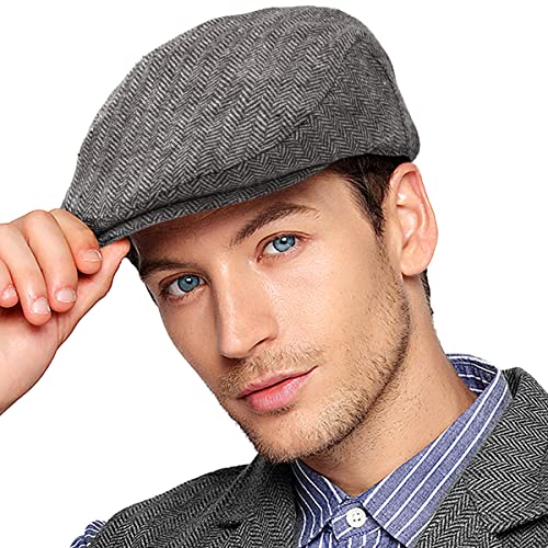 Herringbone Flat Ivy Newsboy Cap für Herren Klassische Wollmischung Tweed Cabbie Hut, Gefülltes Steppfutter, Grau, 7 3/8/7 5/8 von LADYBRO