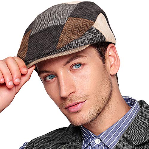 Herringbone Flat Ivy Newsboy Cap für Herren Klassische Wollmischung Tweed Cabbie Hut, Patchwork 01 mit khakifarbener Krempe, L/XL von LADYBRO