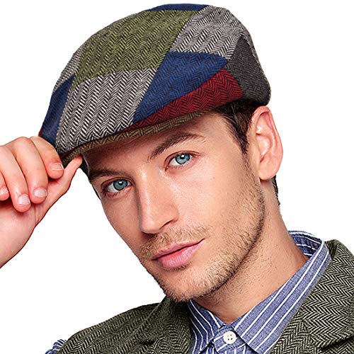 Herringbone Flat Ivy Newsboy Cap für Herren Klassische Wollmischung Tweed Cabbie Hut, Patchwork 03 mit brauner Krempe, L/XL von LADYBRO