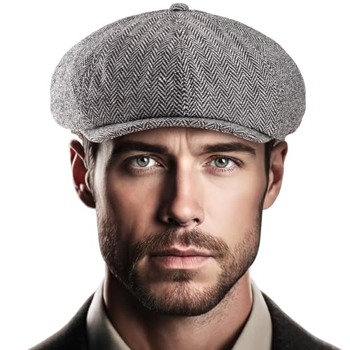 LADYBRO 8-Panel Herren Newsboy-Mütze - Fischgrätenmuster Tweed-Wollmischung Hüte Schirmmütze Scally Ivy Cap Vintage Alltag Freizeit von LADYBRO
