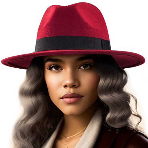 LADYBRO Filz-Fedora-Hüte mit breiter Krempe, für Damen und Herren, mit Gürtelschnalle, verstellbar, 006 Weinrot, Größe: 57 cm, passend für 55,9 cm – 57,2 cm, 6 7/8-7 1/4 von LADYBRO