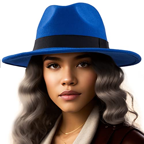 LADYBRO Fedora Hüte für Frauen 100% Wolle Wechselband Gürtelschnalle Filz breite Krempe Strohhut Panamahut, 010 Blau, Größe: 56 cm, passend für 55,9 cm – 57,8 cm, Medium von LADYBRO