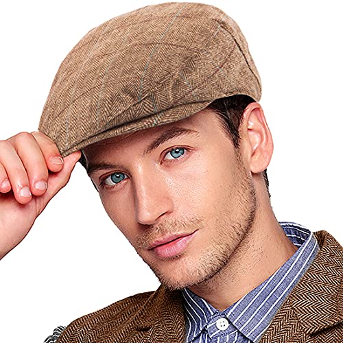 LADYBRO Herringbone Flat Ivy Newsboy Cap für Herren Klassische Wollmischung Tweed Cabbie Hut, 002 Plaid Brown, S/M von LADYBRO