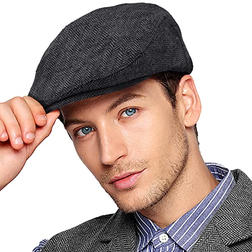 LADYBRO Herringbone Flat Ivy Newsboy Cap für Herren Klassische Wollmischung Tweed Cabbie Hut, Gefülltes Steppfutter, Schwarz, 7 3/4 / 7 7/8 von LADYBRO
