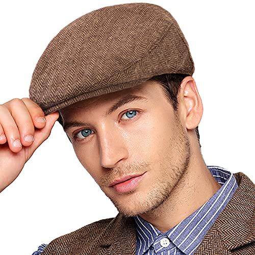 LADYBRO Herringbone Flat Ivy Newsboy Cap für Herren Klassische Wollmischung Tweed Cabbie Hut, Gefülltes Steppfutter, braun, 7 3/8/7 5/8 von LADYBRO