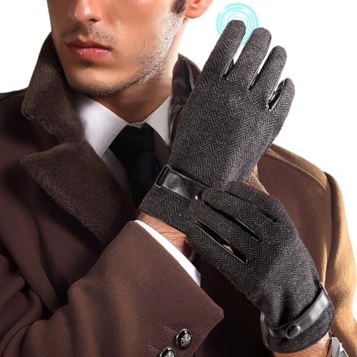 LADYBRO Herringbone Handschuhe für Herren - Herren Handschuh Tweed Handschuhe Touchscreen Handschuhe Winter Warm Gefüttert Fahrhandschuhe Schwarz Braun, Schwarz, X-Large von LADYBRO