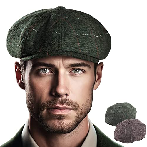 LADYBRO Newsboy-Mützen für Herren, kariert, Efeu, Tweed, Peaky Blinders, 2 Stück, Kariert, Grün und Dunkelbraun, 2 Stück, 7 3/8/7 5/8 von LADYBRO