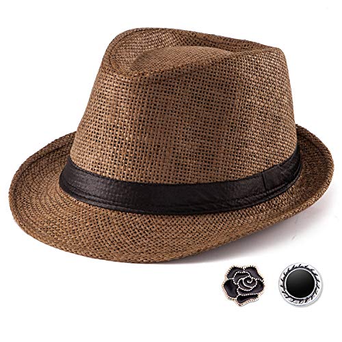 LADYBRO Sommer Stroh Trilby Hut ‌für Herren 1920er Kurze Krempe Fedora Hut, 58cm, Kaffee von LADYBRO
